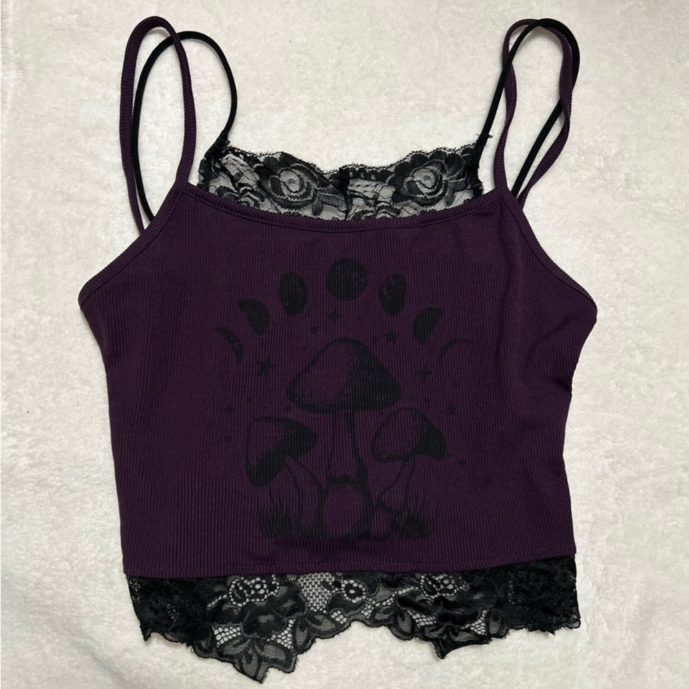 ROMWE Dark Purple Cropped Camisole with Black Lace
